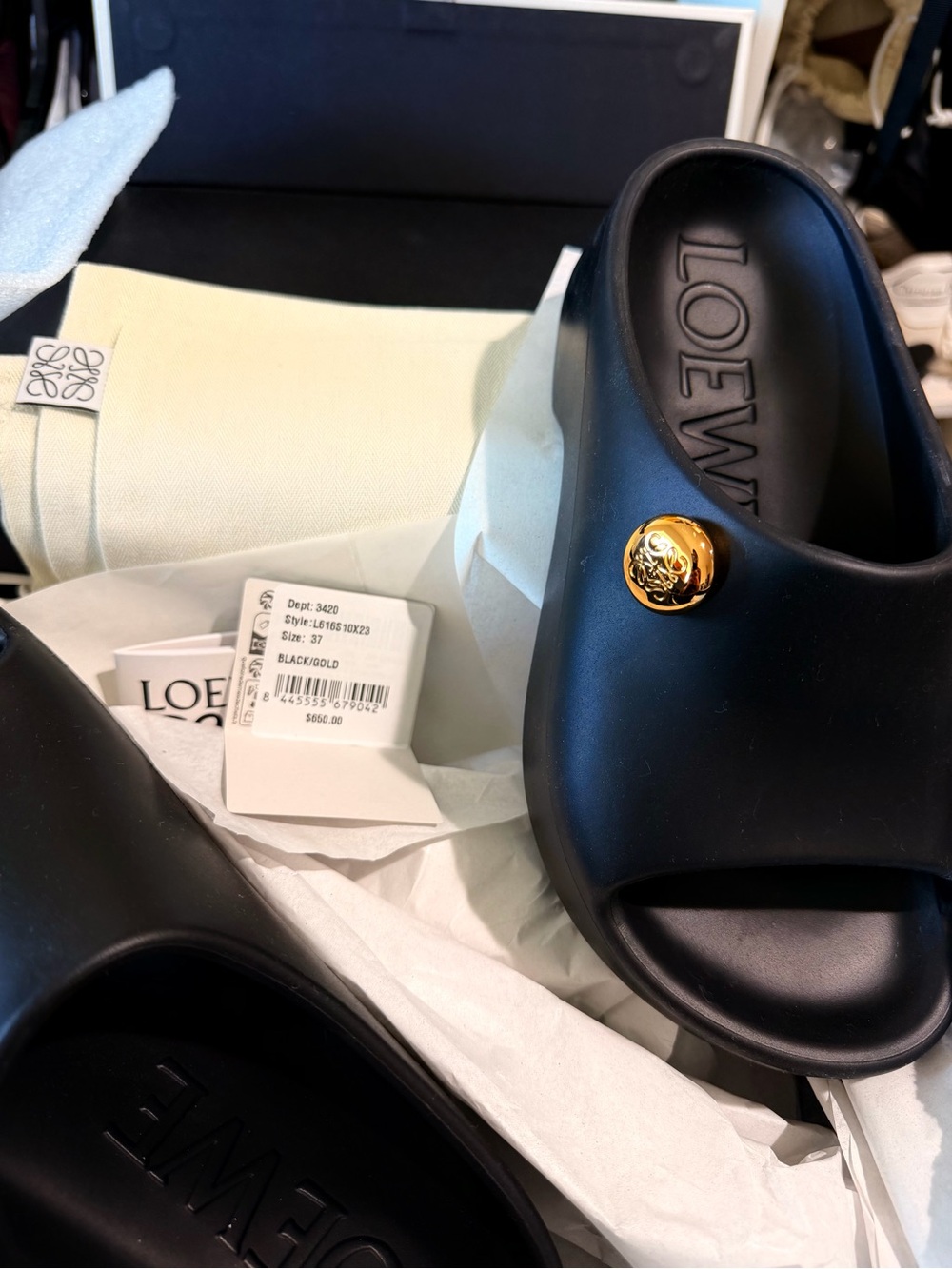 Loewe Black Slide Mules with Gold Logo Button